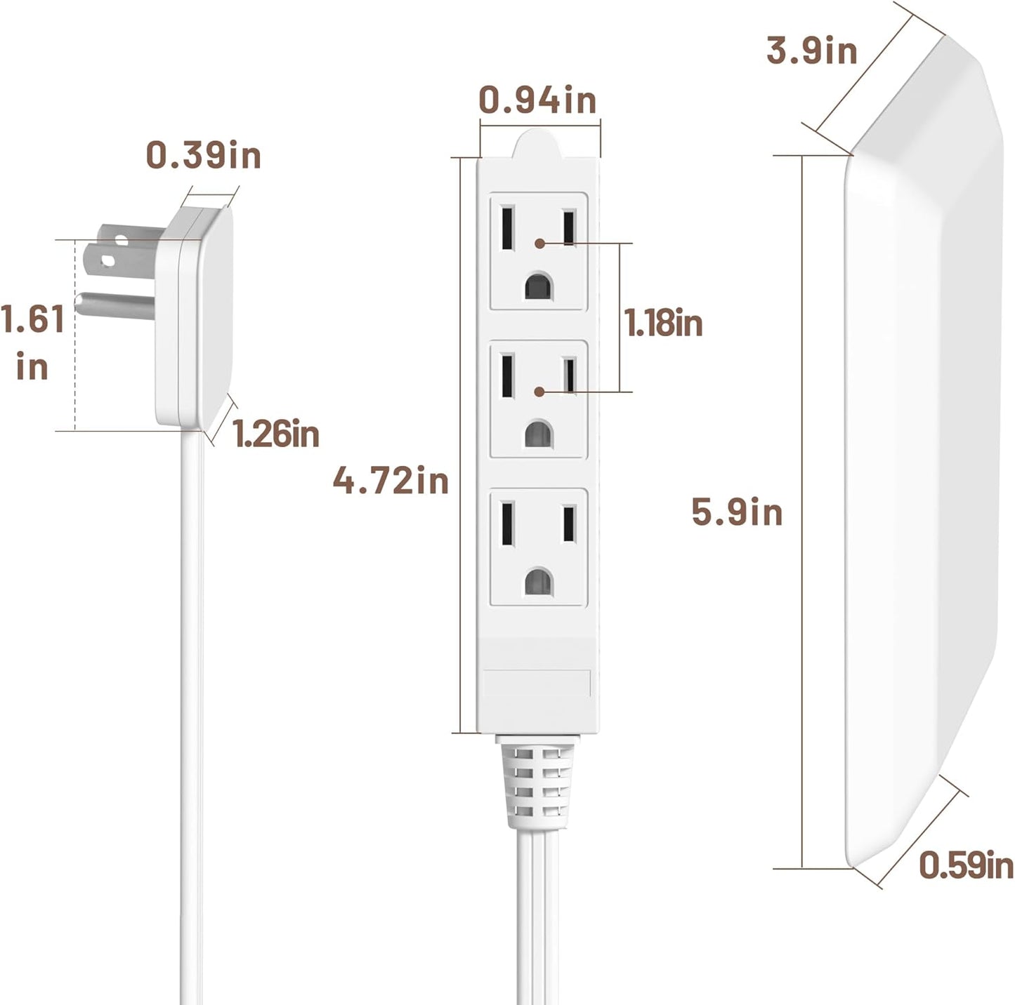 5FT Flat Extension Cord Ultra Thin Outlet Concealer with Cord Concealer Kit,Flat Outlet Extender with 3 Outlet Power Strip,Universal Size Flat Plug Power Strip for Home,ETL Listed,White