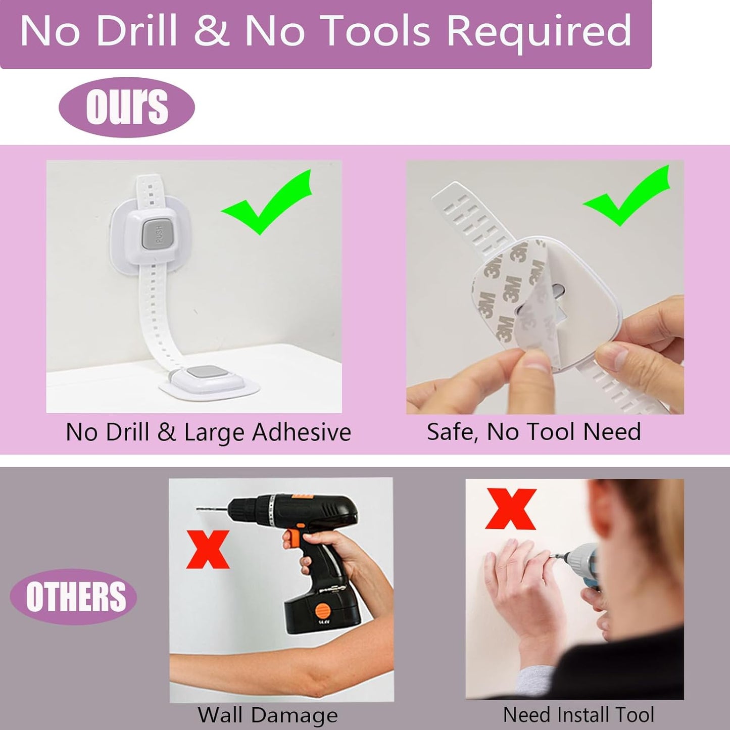 No Drill Furniture Anchor, Anti-tip and Adjustable Strap for Baby Proofing, 3M Adhesive Multi-Purpose for Furniture, Secure to Playroom (4 Pack)