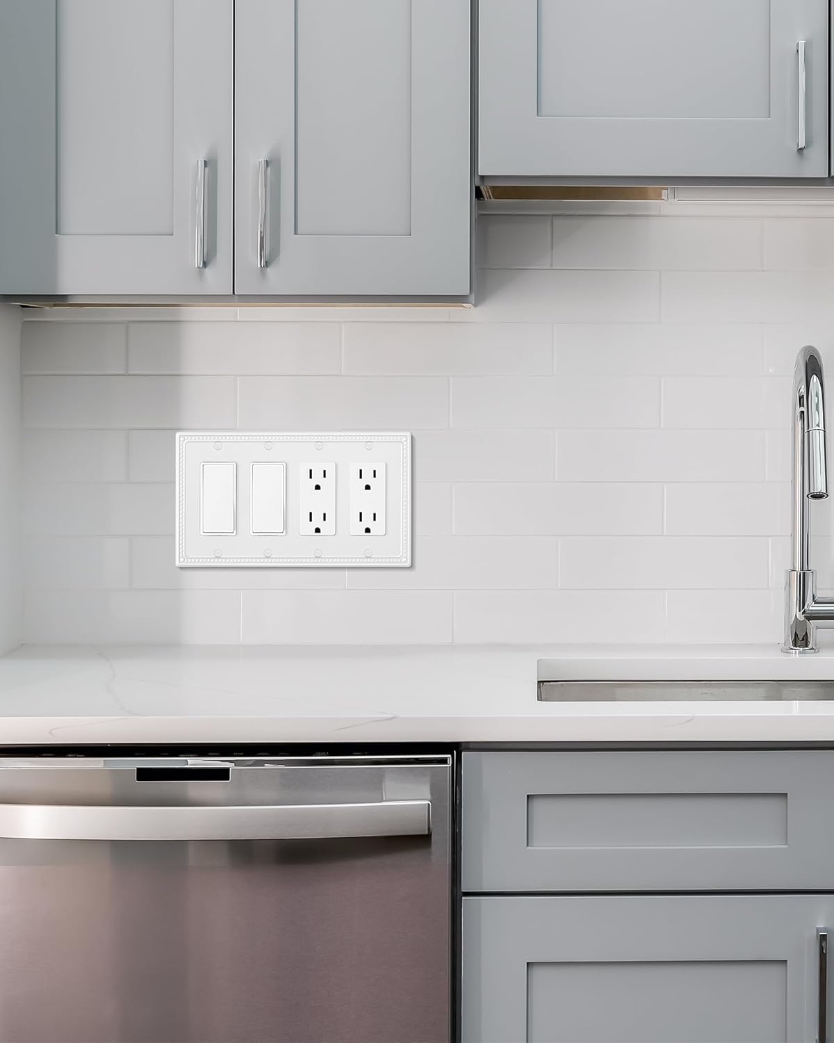 2-Pack Quad Decorator Outlet Cover Plate, Pure White Pearls Decorative Switch Plates and Outlet Covers, Metal Wall Plates for Electrical Outlets