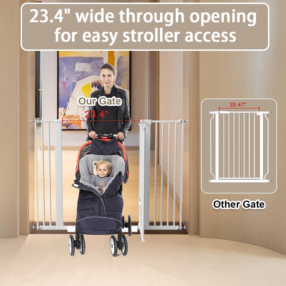 40.55" Tall 1.37" Ultra Narrow Spacing 57.68-73.43" Extra Wide Dogs Pets Baby Gate with Cat Door for Doorway Safety Proof Indoor Puppy Pressure Mounted No Drill White Black Metal Hallway