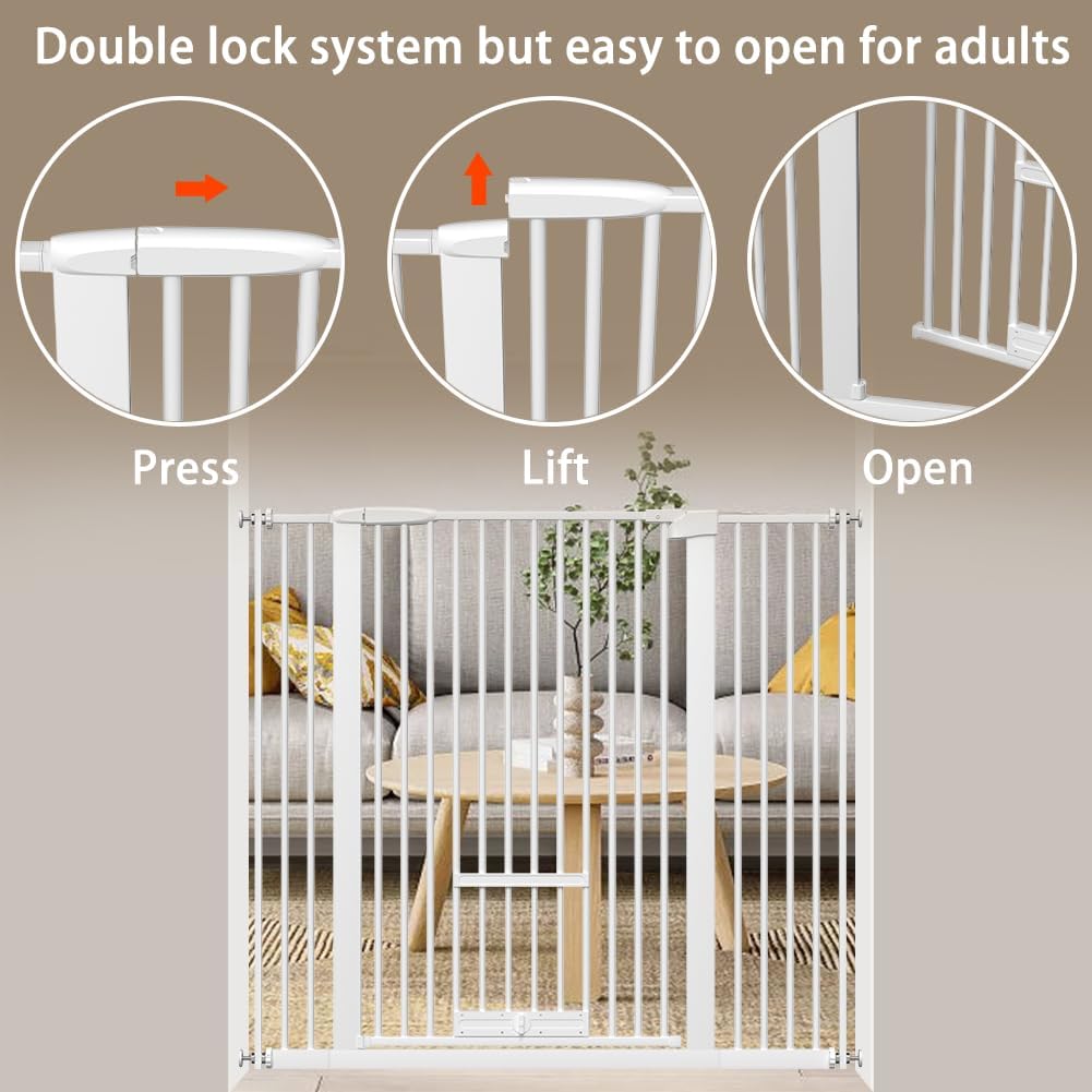 40.55" Tall 1.37" Ultra Narrow Spacing 30.12-34.06" Dogs Pets Baby Gate with Cat Door for Doorway Safety Proof Indoor Extra Wide Puppy Pressure Mounted No Drill White Black Metal Hallway