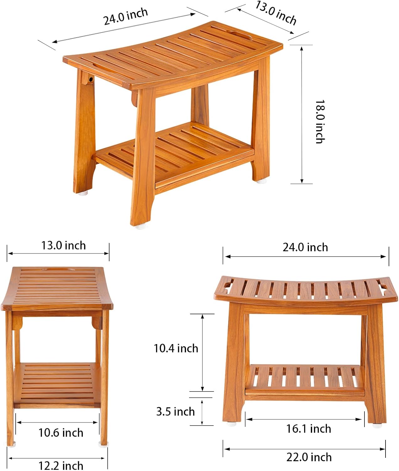 24" Large Teak Shower Bench with Shelf & Handle - Waterproof Spa Stool, Non-Slip Leveling Feet & 300 lbs Capacity - for Showers, Saunas/Steam Rooms & Outdoor Pools (Patented)