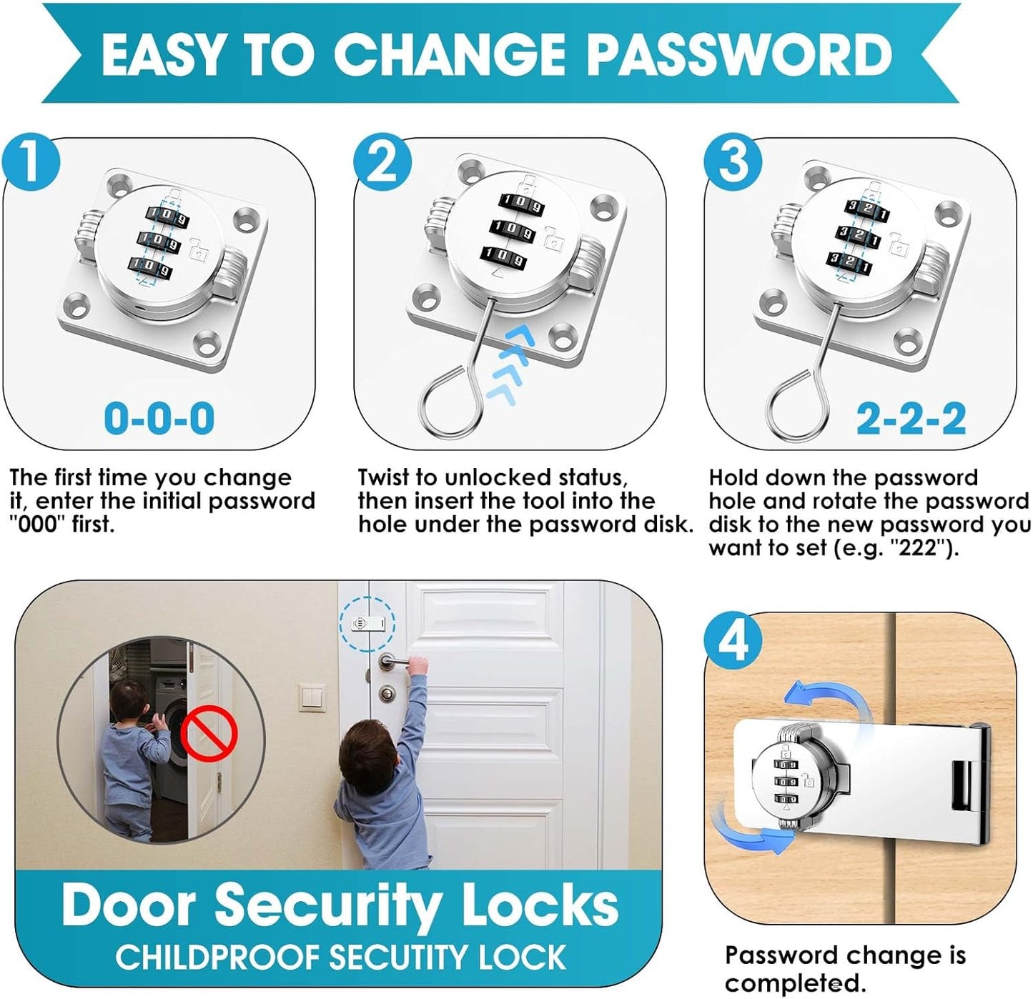 4.5 in Mechanical Combination Swing Hasp Lock, Combination Cabinet Lock, Small Door Security Latch for Cabinets, Drawers, Closets, Storage Cabinets and Barn Doors (Silver-1pc)