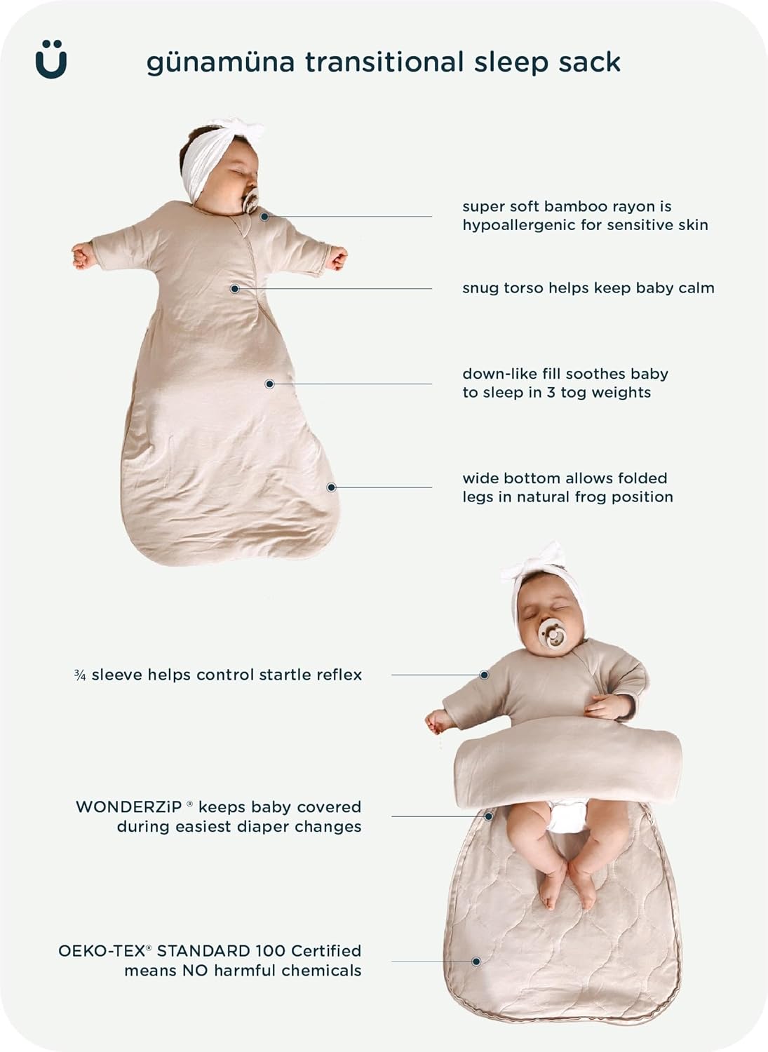 GUNAMUNA Long-Sleeve Transitional Swaddle Sleep Bag 1.0 TOG – Soothes Infants 3-6 Months, Easy Diaper Changes with WONDERZiP