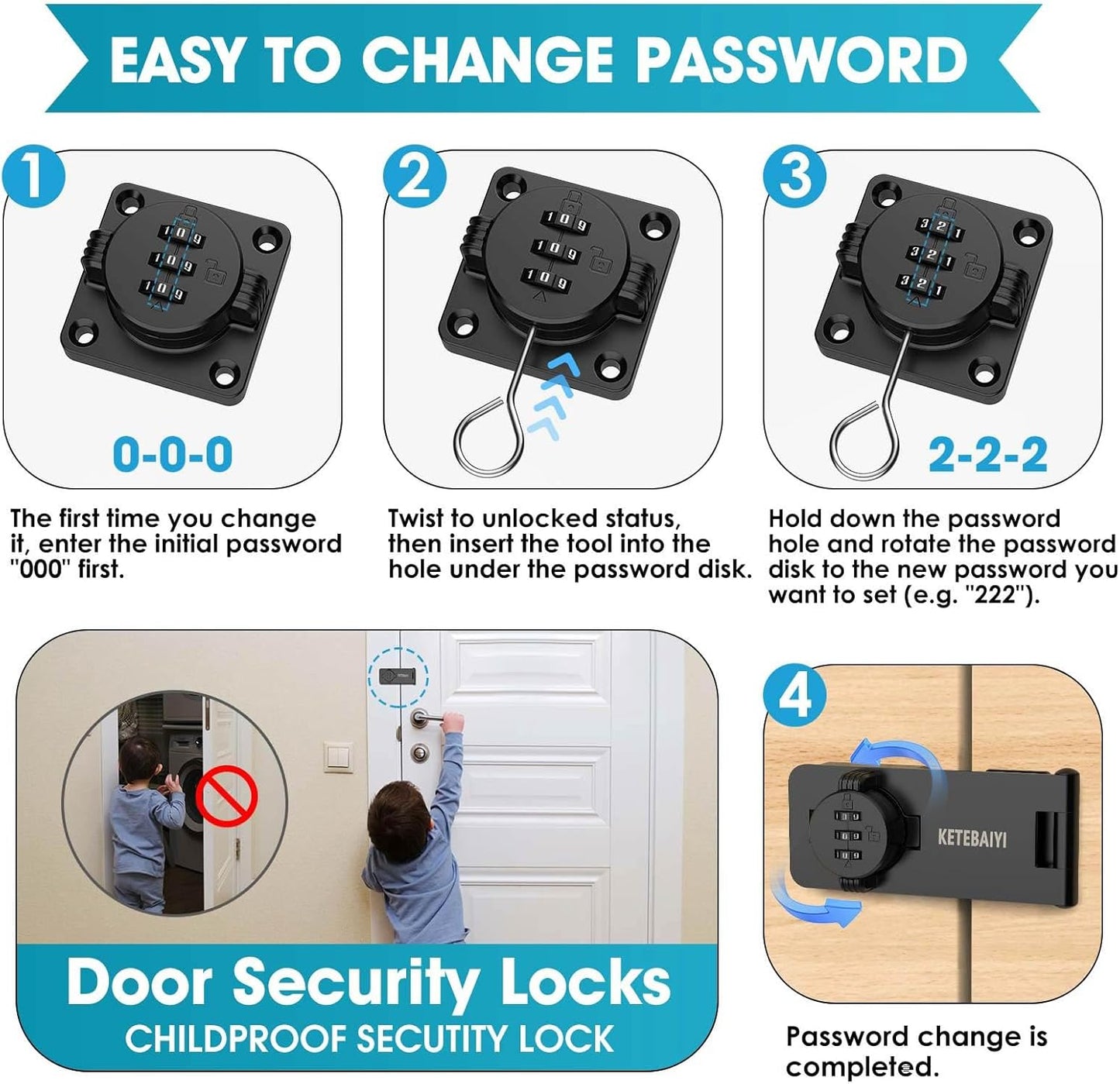 4.5 in Mechanical Combination Swing Hasp Lock, Combination Cabinet Lock, Small Door Security Latch for Cabinets, Drawers, Closets, Storage Cabinets and Barn Doors (Black-1pc)