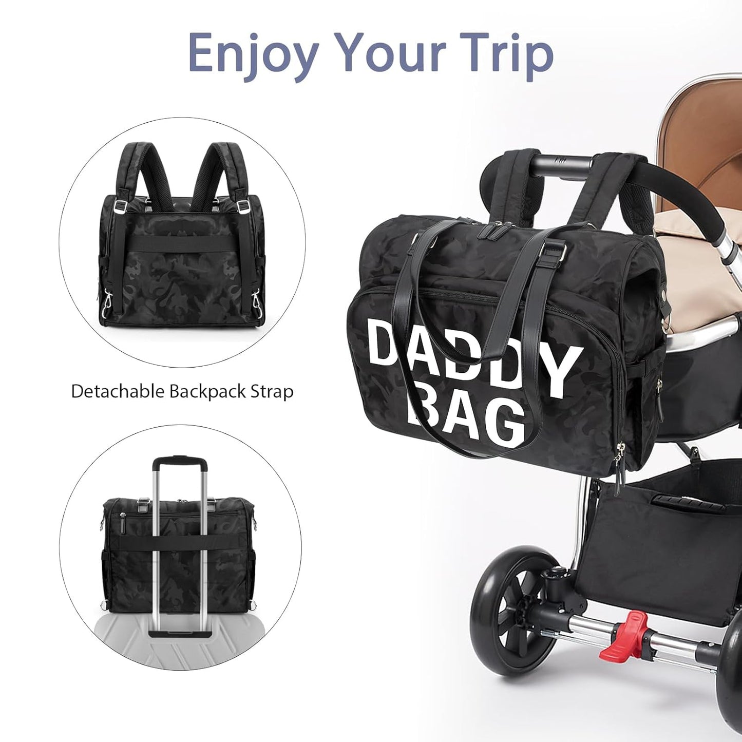 4 in 1 Convertible Daddy Bag Backpack, Camo Black Diaper Backpack for Dad and Mom, Father's Bag for Hospital with DADDY BAG Imprint, Baby Care Diaper Backpack & Tote with 14 Pockets