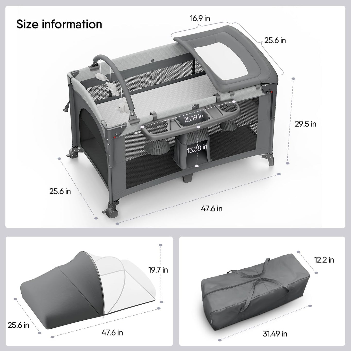 4 in 1 Baby Bassinet, Pack and Play, Bedside Crib Sleeper, Diaper Changer - Comes with Mattress, Mosquito Net,Bottom Storage and Toy Bar for Newborn to Toddles