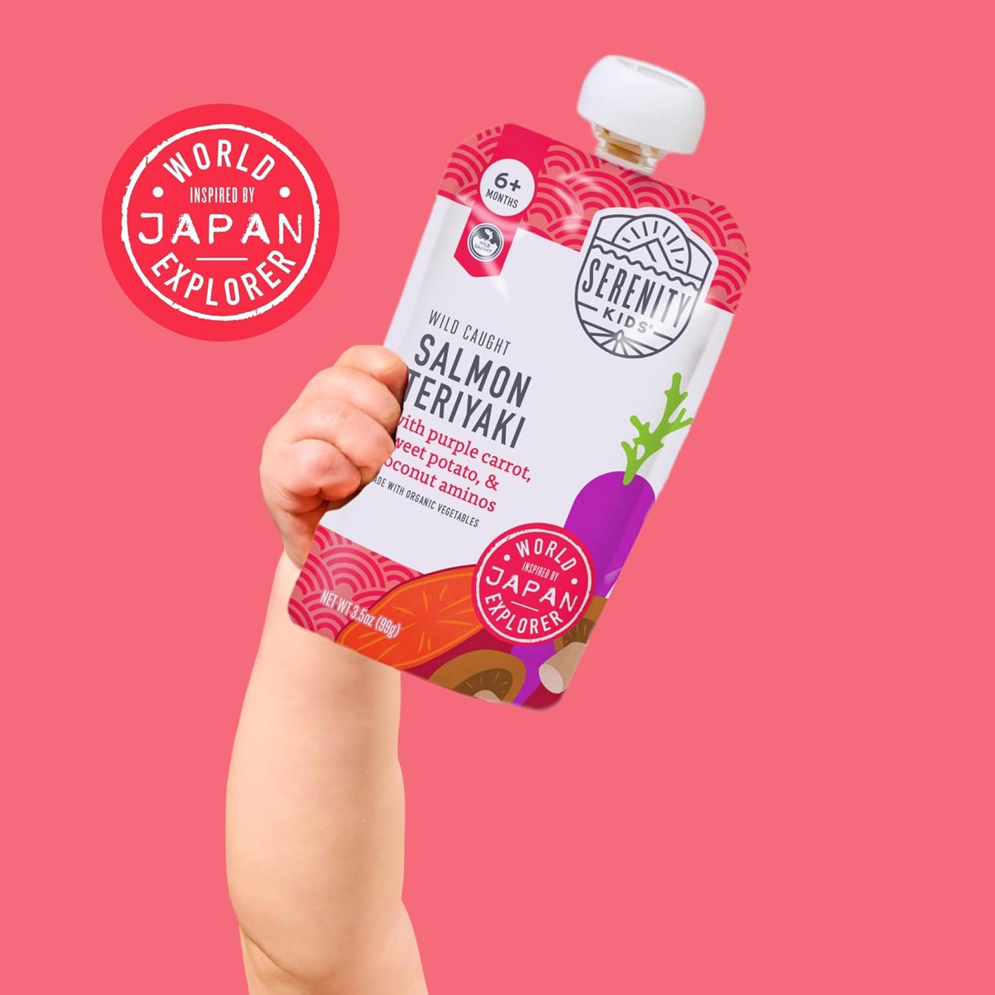 Serenity Kids 6+ Months Salmon Teriyaki Organic Baby Food Pouches - Ethically Sourced Salmon & Organic Veggies - No Added Sugar BPA-Free Baby Puree - 3.5 Oz, 12 Pack