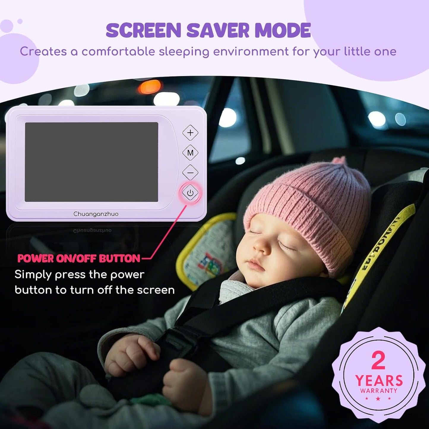 Baby Car Camera with Advanced Crystal-Clear Night Vision, 3X Zoom, USB Powered, 5'' AHD 1080P IPS Car Baby Monitor, Backseat Camera for Kids Infants Rear Facing Mirror, 5inch, Purple