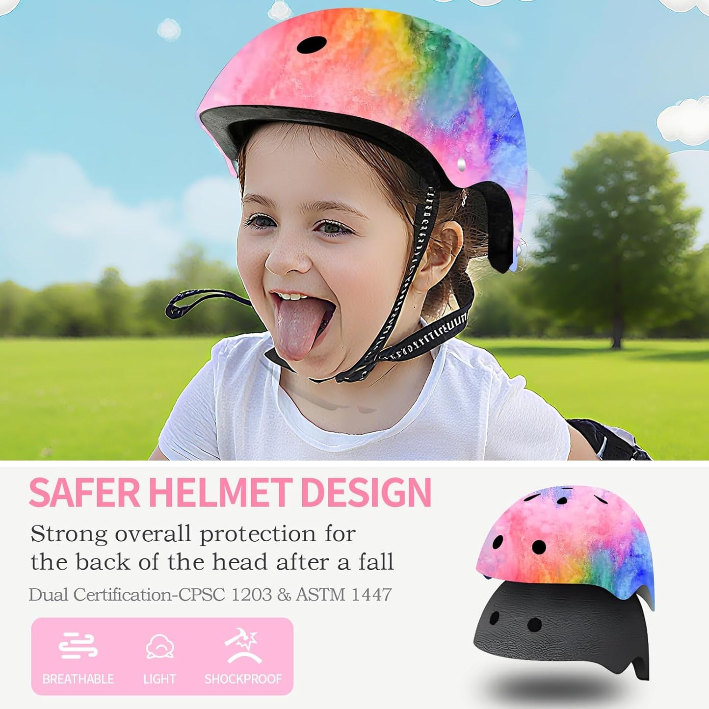 Adjustable Kids Bike Helmet with Knee & Elbow Pads Set, Color Gradient Design for Boys and Girls Aged 3-14+, for Skateboarding, Scooter, Roller & Inline Skating, Longboard