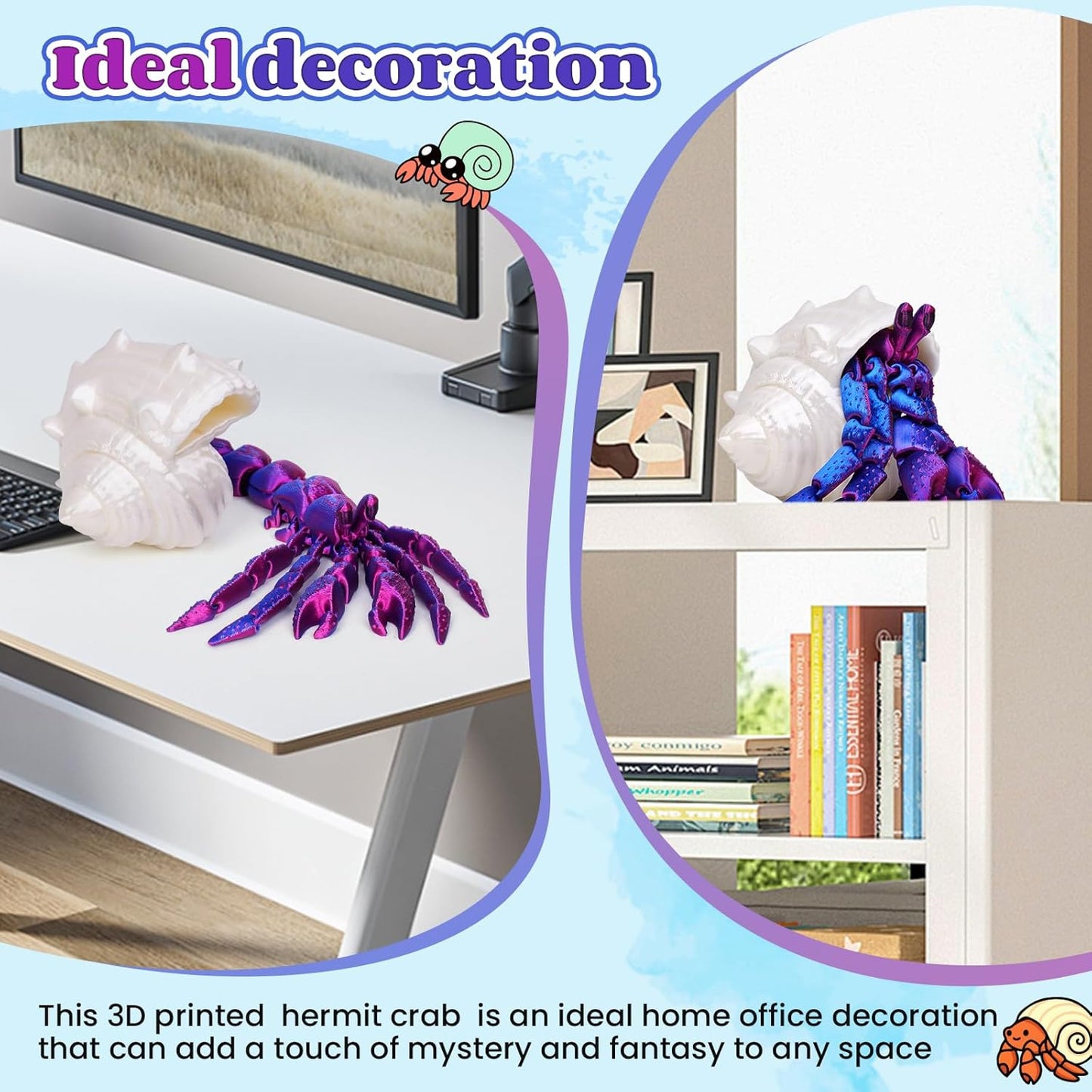 3D Printed Hermit Crab Fidget,3D Printed Dynamic Animals Toy,Full Articulated Flexible Crystal Hermit Crab Fidget Fidget Toys,Adults Fidget Toys for Autism ADHD,Home Office Decor (Blue purple)