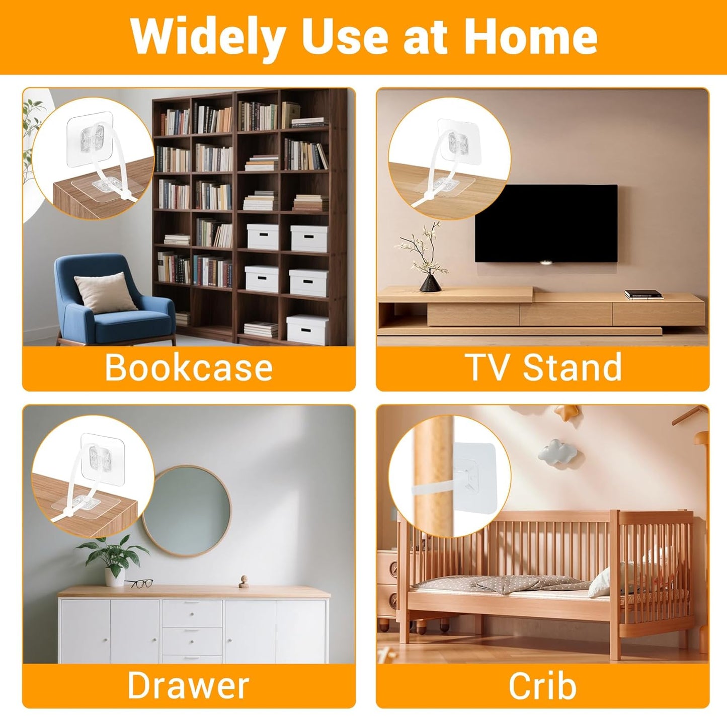 No Drill Furniture Anchors Adhesive (10 Packs) for Baby Proofing, Adjustable Anti-Tip Furniture Wall Safety Straps for Child, Keep Toddlers & Pets Safe from Falling Furniture Like Dresser & Bookshelf