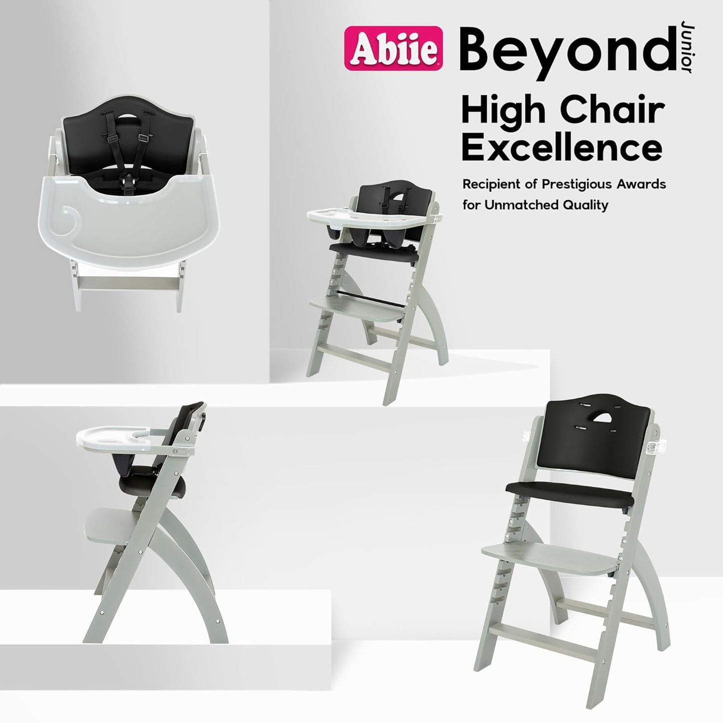 Abiie Beyond Junior Wooden High Chair with Tray - Adjustable and Convertible High Chair for Babies and Toddlers - 6 Months to 250 Lb - Water Resistant - Misty Grey Wood with Black Pearl Cushion
