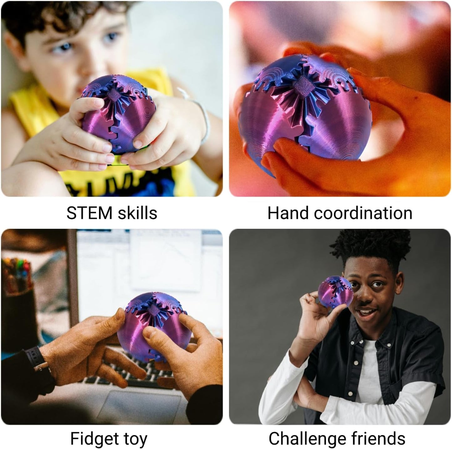 3D Printed Gear Ball, Gear Sphere Fidget Toy Stress Relif Toy for ADHD, Anxiety Relaxing Toy for Adults at Work/Study/Travel, Blue-Purple