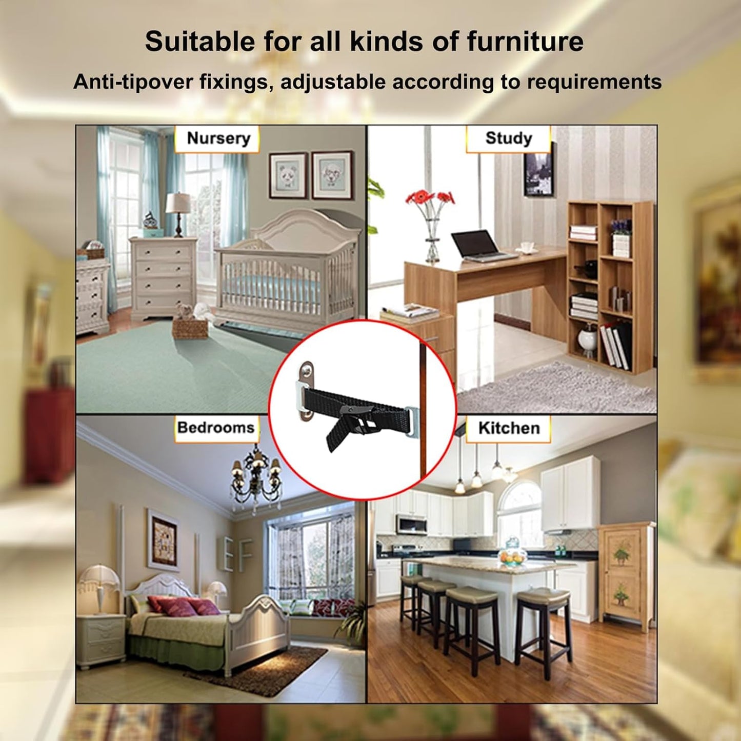 Anti Tip Furniture Anchors,(4 Sets) Adjustable Child Safety Anchors – Earthquake Proof & Baby Proofing Kit for Securing Dressers, TV Stands, Cabinets, Bookshelves.