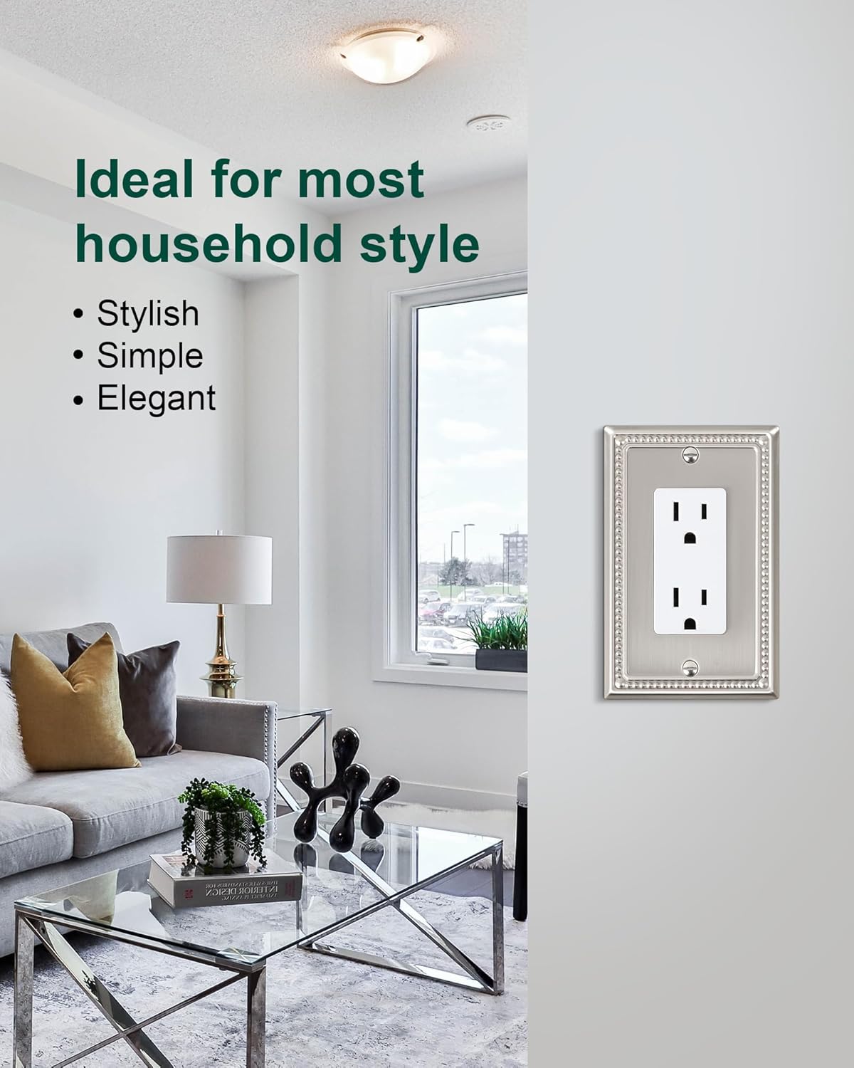 6-Pack Decorator Outlet Cover Plate, Decorative Switch Plates and Outlet Covers, Brushed Nickel Metal Wall Plates for Electrical Outlets, Receptacle, GFCI Outlet, Dimmer Switch