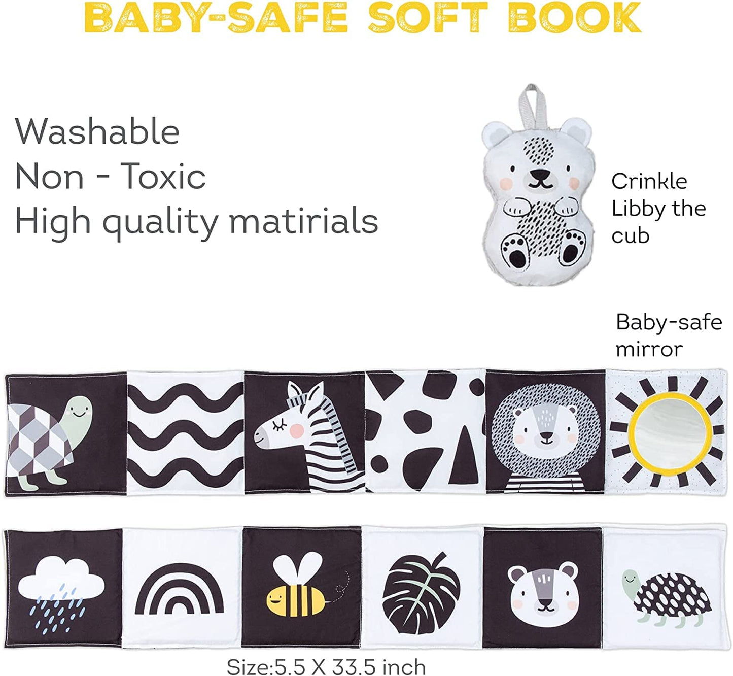 Taf Toys Newborn Soft Activity Book Black & White High Contrast Baby Book Infant Sensory Toys Tummy Time Soft Cloth Books for Babies Textured Fabric Crinkling Shapes Patterns 0-12 Months Newborn Toys