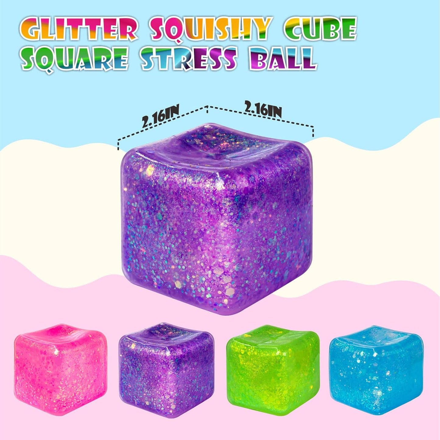 4Pack Glitter Squishy Cube Square Nice Stress Cube Slow Rise Glitter Stress Balls for Adults, Malt Sugar Stress Balls, Sensory Fidget Toys Gel Ice Cube Squishy‘s - Relieve Anxiety/Autism/ADD/ADHD