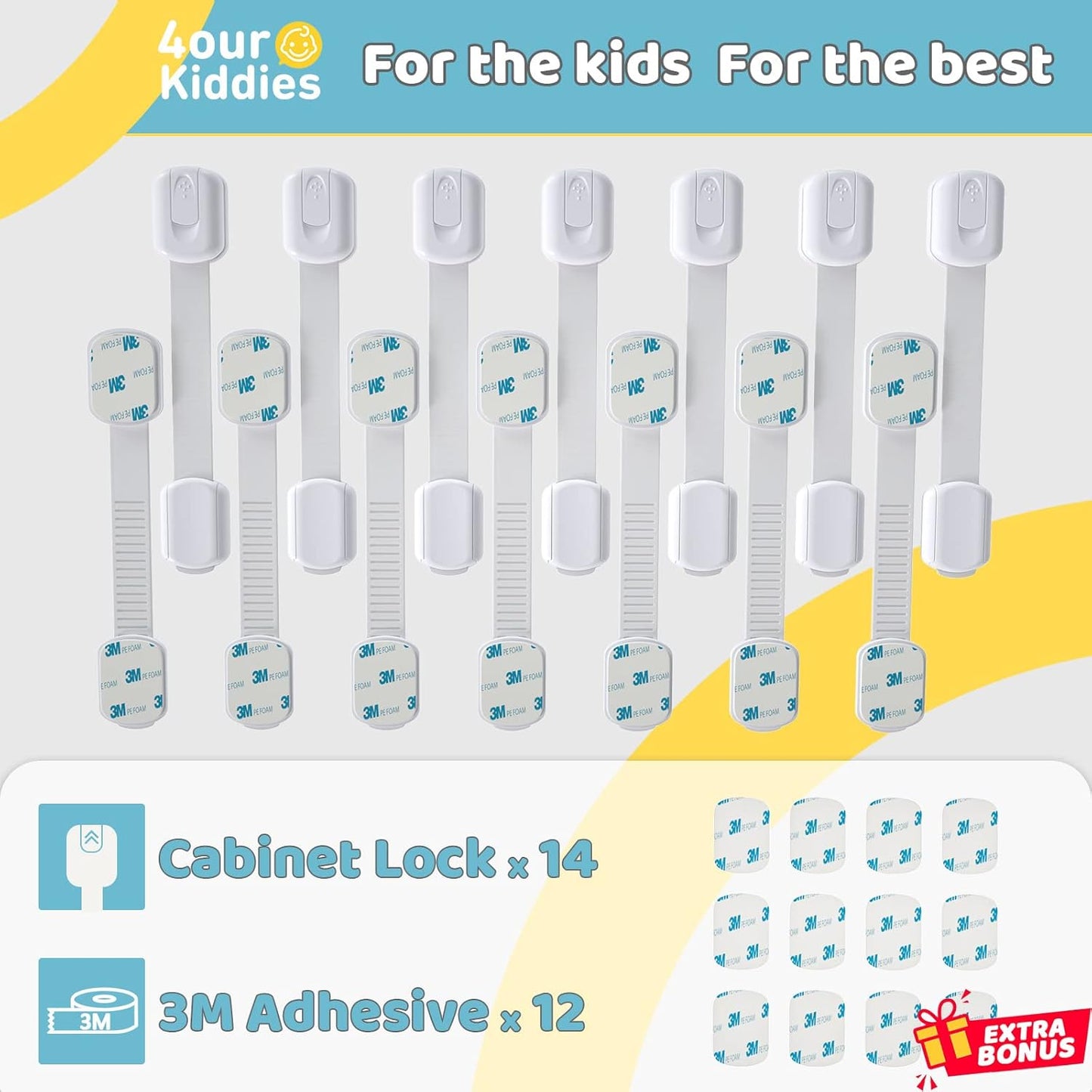 4our Kiddies 14 Pack Baby Proof Cabinet Latches, Childproof Drawer Latches with 12 Extra 3M Adhesives, Adjustable No Drilling Child Safety Cabinet Locks Straps Baby Drawer Locks for Kids Baby Safety