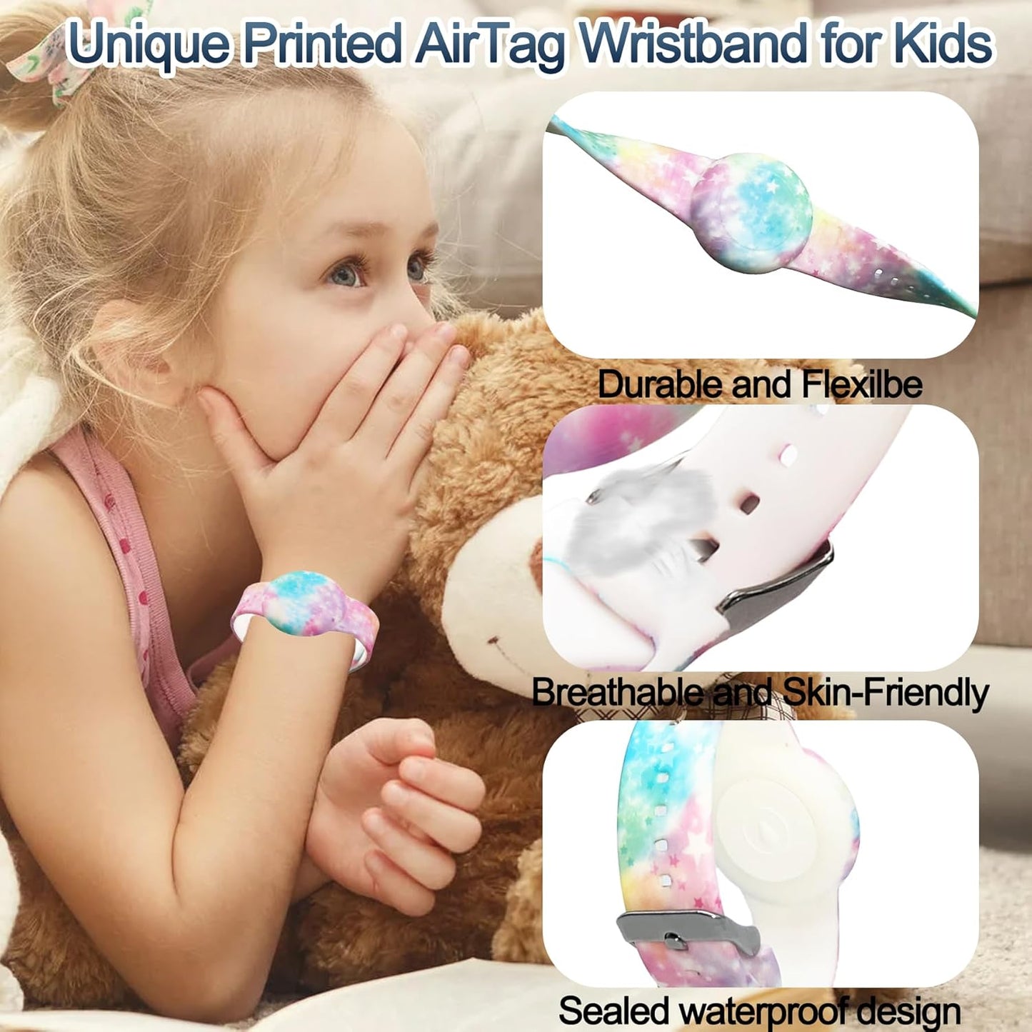 4 Pack Waterproof AirTag Bracelet for Kids, Hidden Printed Wristband for Apple Air Tag, Silicone AirTag Holder GPS Tracker Case for Band for Child Toddler, Secure Anti-Lost Protection