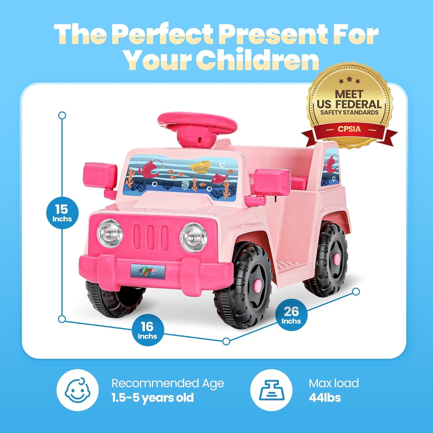 6V Toddler Ride On Car Interactive Electric Car with Horn LED Front Light Rear Storage Ocean Theme Perfect for Boys & Girls 18+ Months Safe Fun and Exciting for Little Explorers(Pink Ocean)