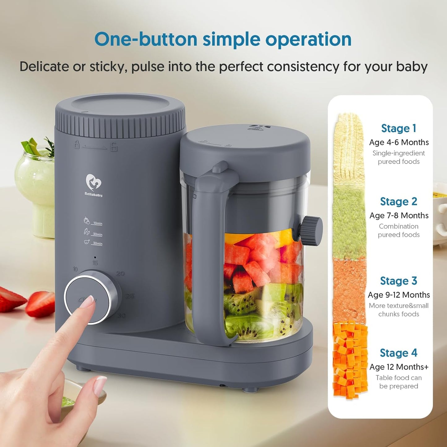 Baby Food Maker Bellababy Baby Food Processor, Puree Blender Steamer with Reversible Steam Basket, One Button Easy Operation & Large Opening for Easy Cleaning