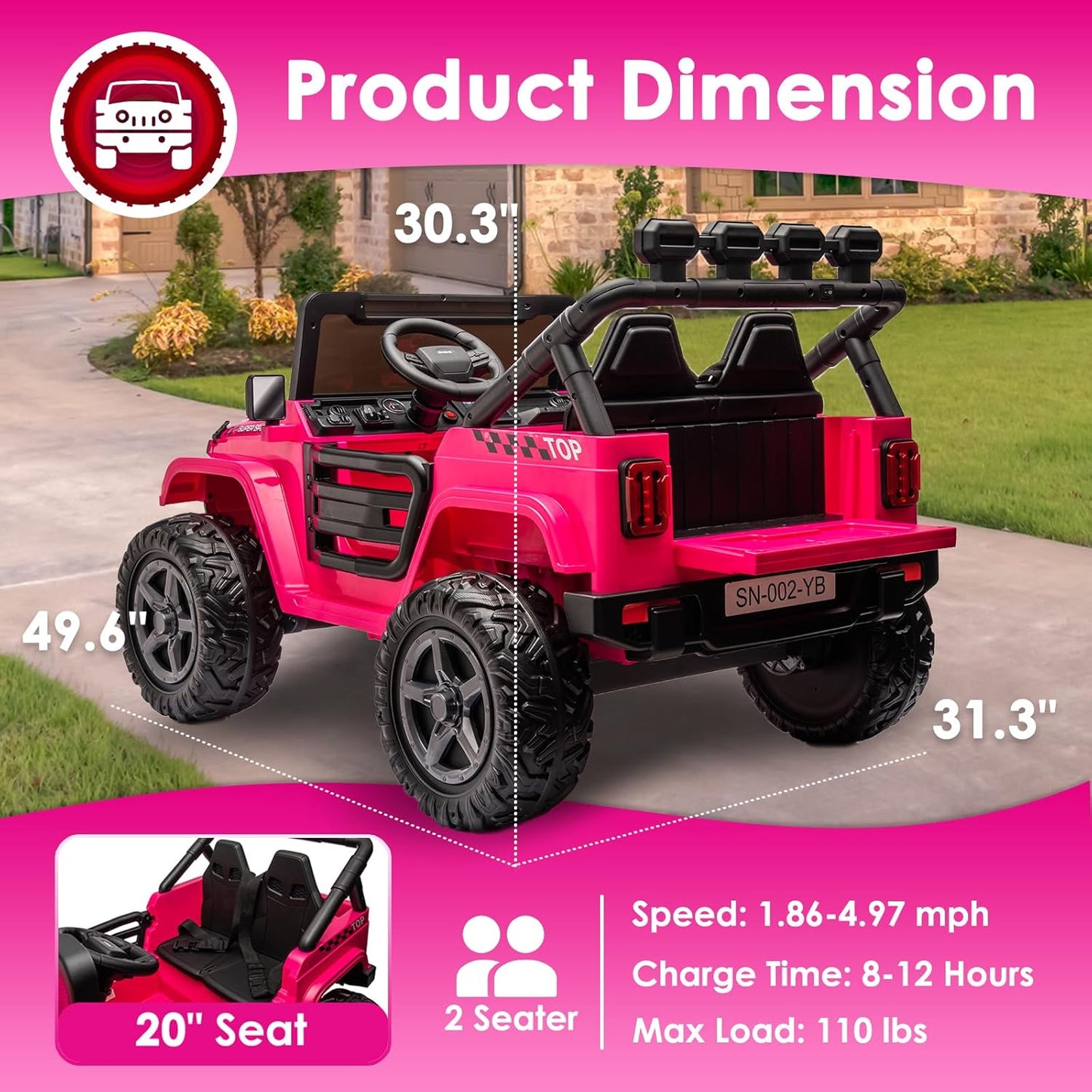 24V 2 Seater Ride On Truck with Remote Control 4WD Electric Car for Kids Ride On Car Battery Powered Ride On Toy Car with Music Player, LED Lights, Bluetooth, Rear Shock Absorber, Hot Pink