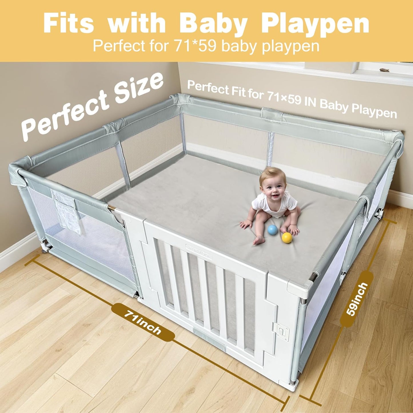 71" ×59" Padded Baby Play Mat for Floor, 1.2" Thick Memory Foam Mat with Machine Washable Cover, Soft Tummy Time Crawling Playmat with Non-Slip Bottom, Fits 71" x59" Playpens