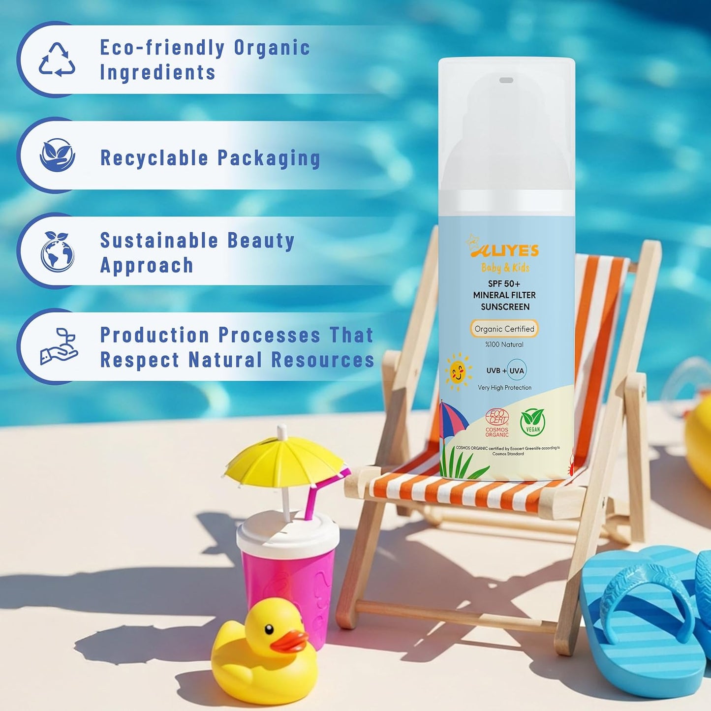 ALIYES SPF 50+ Organic Baby&Kids Mineral Sunscreen – Safe for Babies - Water Resistant Sun Cream – Broad Spectrum UVA/UVB Sun Protection – Vegan Baby Sunscreen Lotion, 1.69 FL