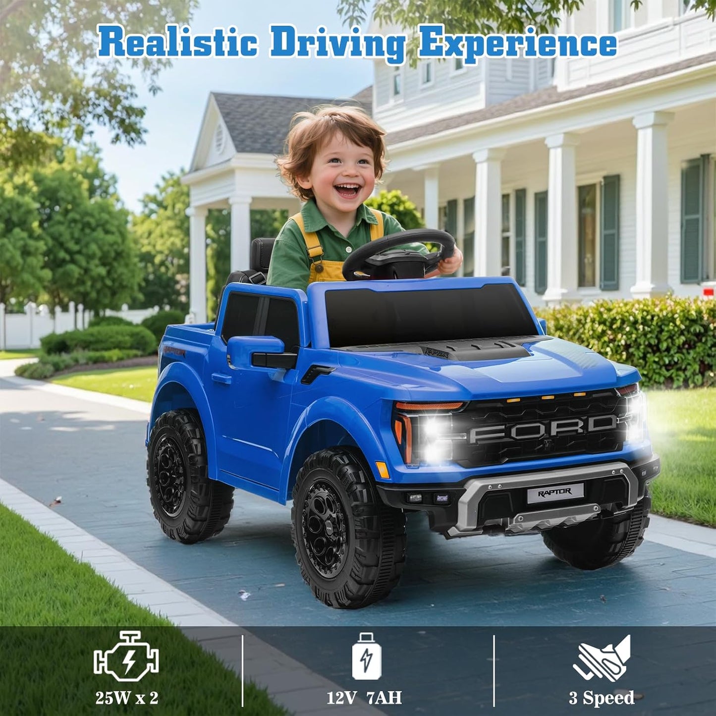 12V Ride on Car Licensed Ford F-150 Raptor, Kids Electric Car with Remote Control, LED Light/Music/MP3, Truck Bed Storage, 3-Point Seat Belt (12V, Blue)
