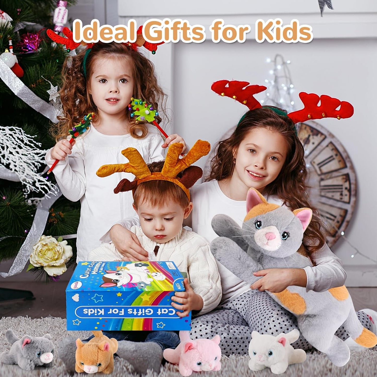 5 Pieces Cat Stuffed Animals with Babies Inside Belly - 1 Mommy Stuffed Cat with 4 Kittens - Stuffed Kitty Plush Toys for Kid Age 3-8, Gift Ideal for Christmas, Valentine's, Birthday (Grey)