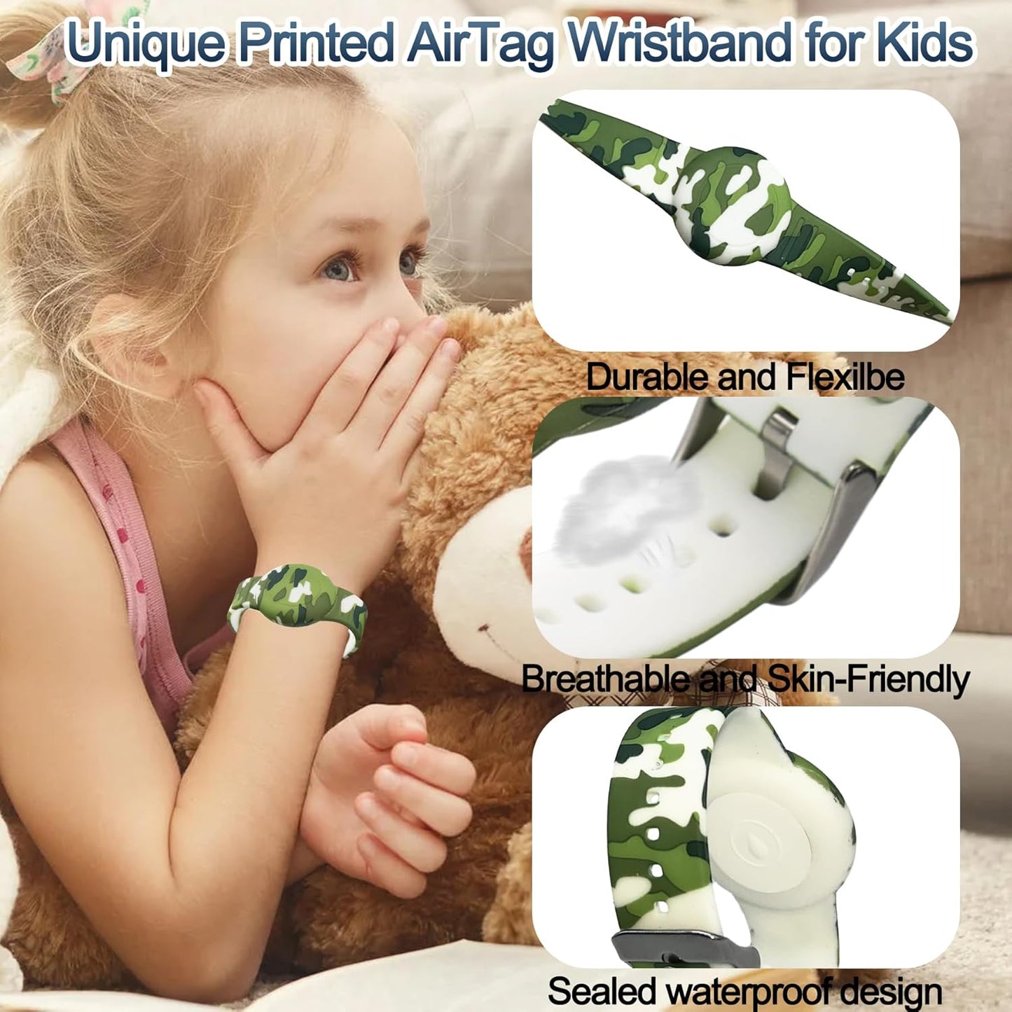 2 Pack Waterproof AirTag Bracelet for Kids, Hidden Printed Wristband for Apple Air Tag, Silicone AirTag Holder GPS Tracker Case for Band for Child Toddler, Secure Anti-Lost Protection(Camouflage)