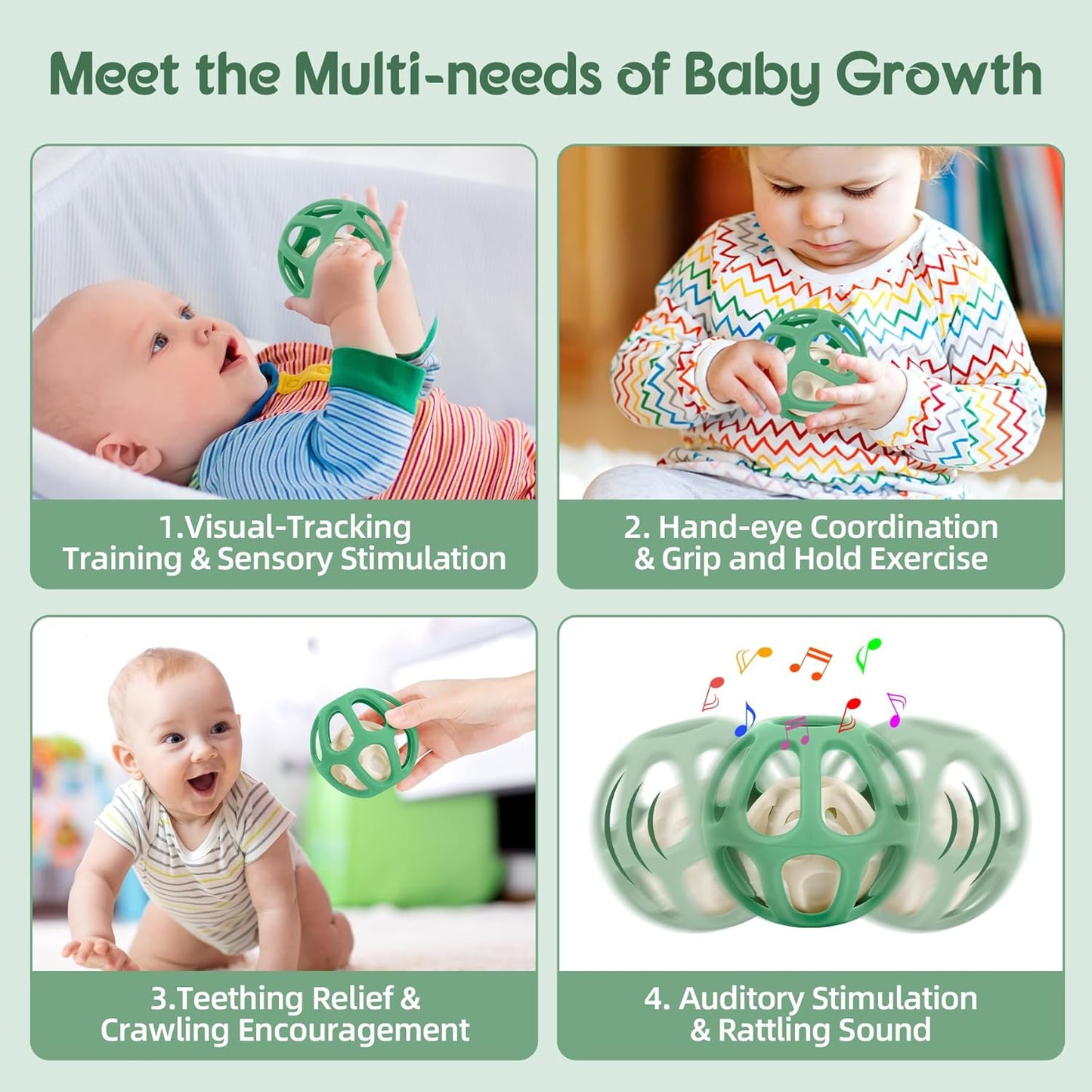 MCGMITT Baby Montessori Sensory Toys for 0-6 6-12 Months, Easy Grasp Food Grade Stretchy Silicone Baby Teether Teething Rattle Toys, BPA-Free Infant Teether Ball Chew Rattle Toys Shower Gifts