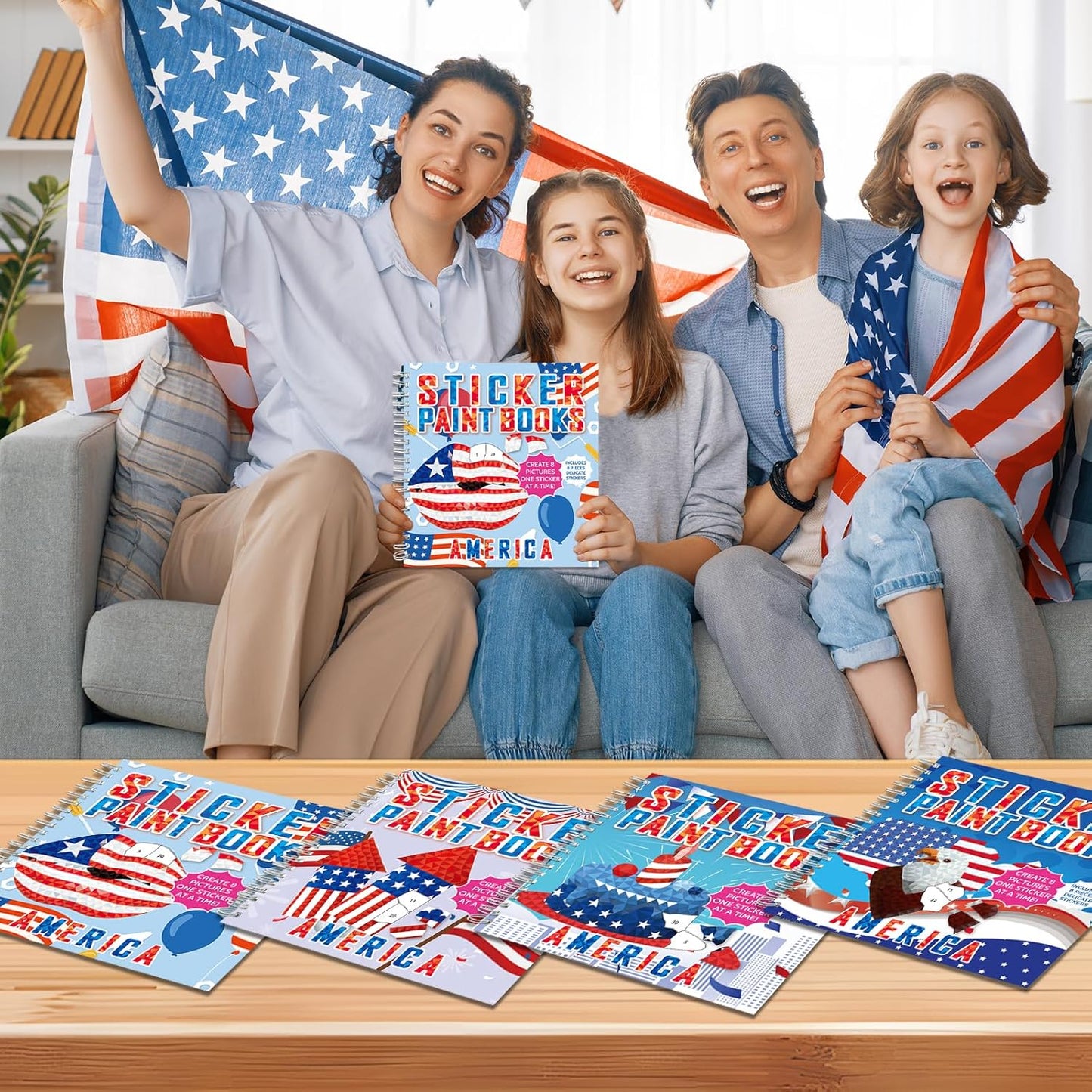 4Pcs Patriotic Paint by Sticker Books Sticker by Number Books Activity Book Puzzle Book Craft Art Gift Memorial Day 4th of July American Star 32 Pictures