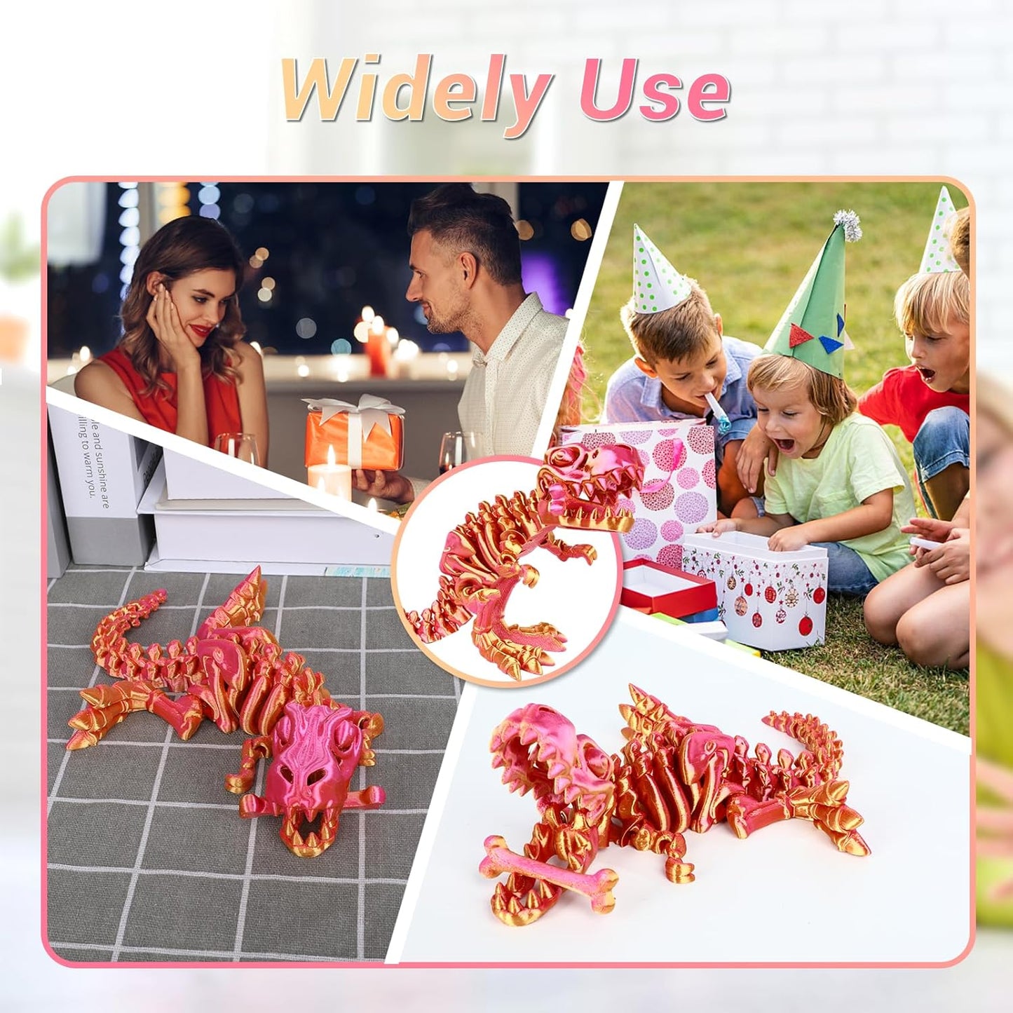 3D Printed Dinosaur Bone Skeleton Tyrannosaurus Rex with Movable Jaw Fidget Dinosaur Toys Full Articulated Dinosaur Executive Desk Toys Home Office Decor, Red Mix Yellow