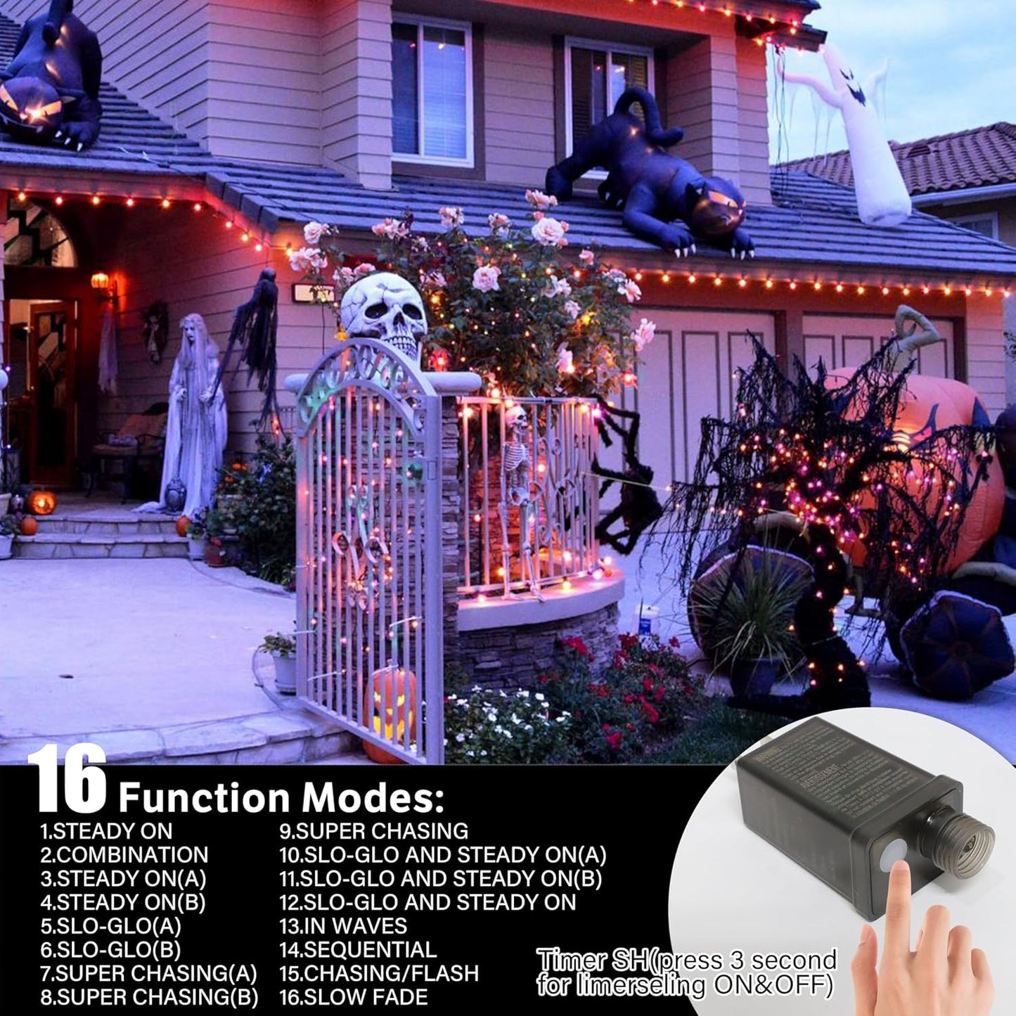 66ft Halloween Decorative Mini Lights, 200 LED Green Wire Fairy Starry String Lights Plug in, 12 Lighting Modes, for Halloween Decoration Outdoor Party Decoration (Orange and Purple)