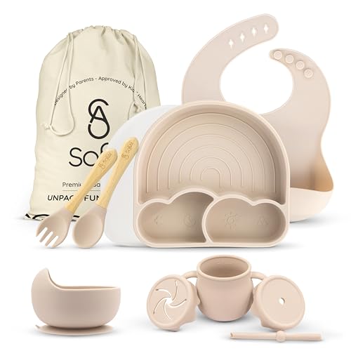 All In One Silicone Feeding Set - Safe for 6-12 Months - Non-Toxic Baby Led Weaning Supplies - Toddler Self Feeding Utensils - BPA-Free - Mess Free Essentials