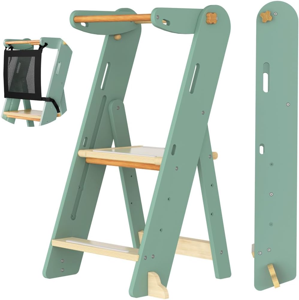 GROWNSY Foldable Step Stool Toddler Tower, Toddler Kitchen Stool Helper, Collapsible Kids Standing Learning Tower with 3 Adjustable Heights and Safety Net for Kitchen Bathroom Sink Counter (Green)