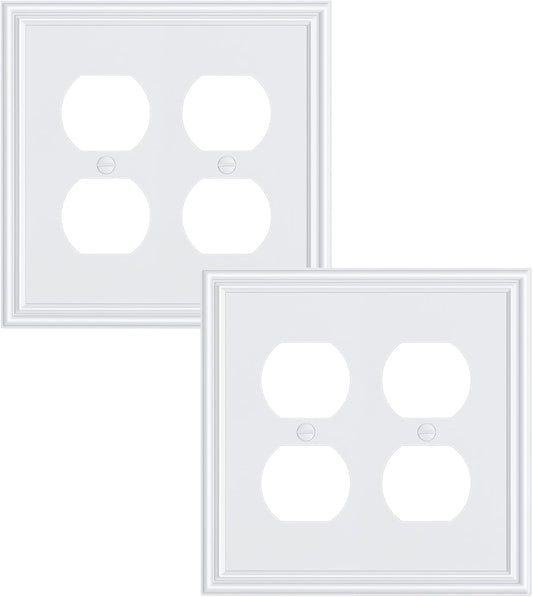 2-Pack Double Duplex Outlet Cover, Pure White Decorative Switch Plates and Outlet Covers for Electrical Outlets, Durable Zinc Alloy Wall Plates, 2 Gang Receptacle Cover, Corrosion Resistant