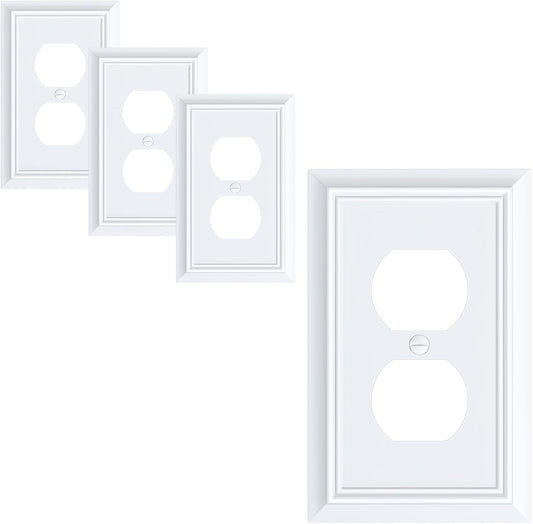 4-Pack Duplex Outlet Cover Plate, Decorative Pure White Switch Plates and Outlet Covers, Natural Bamboo Fiber Wall Plates for Electrical Outlets, 1 Gang Receptacle Cover, Corrosion Resistant