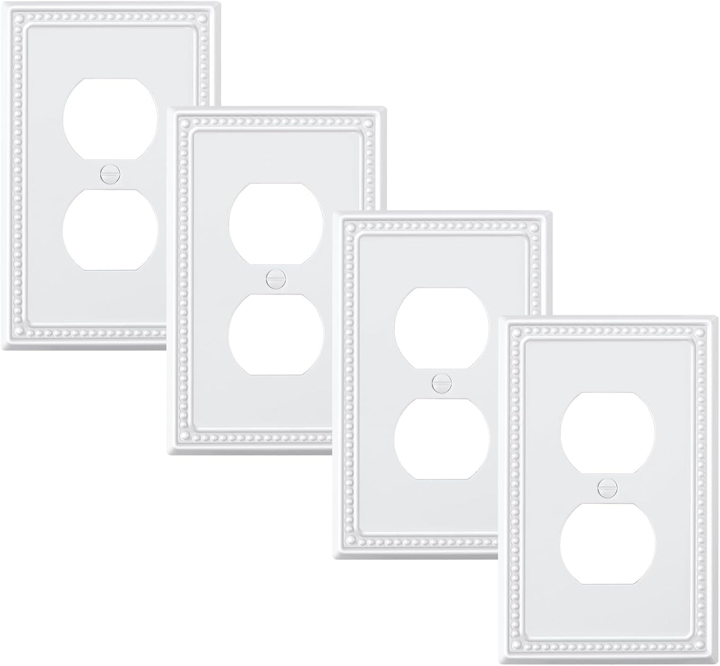 4-Pack Duplex Outlet Cover Plate, Pure White Metal Wall Plates for Electrical Outlets, 1 Gang Receptacle Light Switch Cover, Pearls Decorative Switch Plates and Outlet Covers