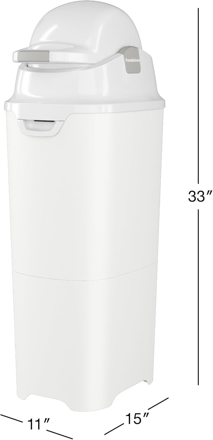 Foundations Tall Diaper Pail with Airtight Lid - Durable & Odorless Diaper Disposal, Large Capacity, Holds up to 60 Newborn Diapers, Refill with Any Bags - White