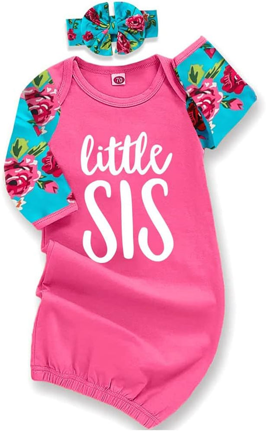 AMAWMW Newborn Baby Girl Little Sister Sleeper Gown Stripe Long Sleeve Nightgown Pajamas Gifts Stuff Essential Outfit