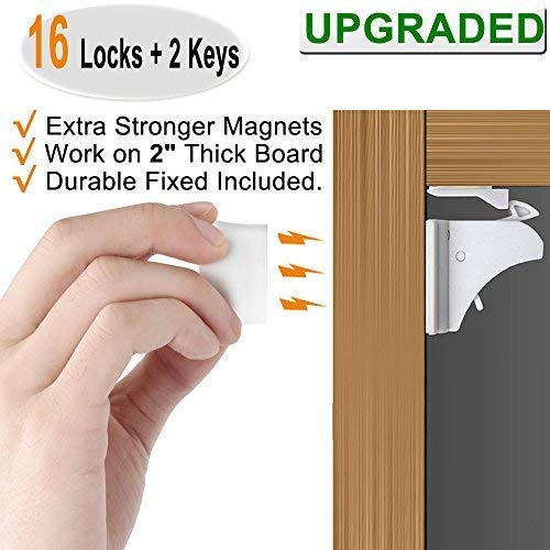 16 Pack Child Safety Magnetic Cabinet Locks - Vmaisi Children Proof Cupboard Baby Locks Latches - Adhesive for Cabinets & Drawers and Screws Fixed for Protection