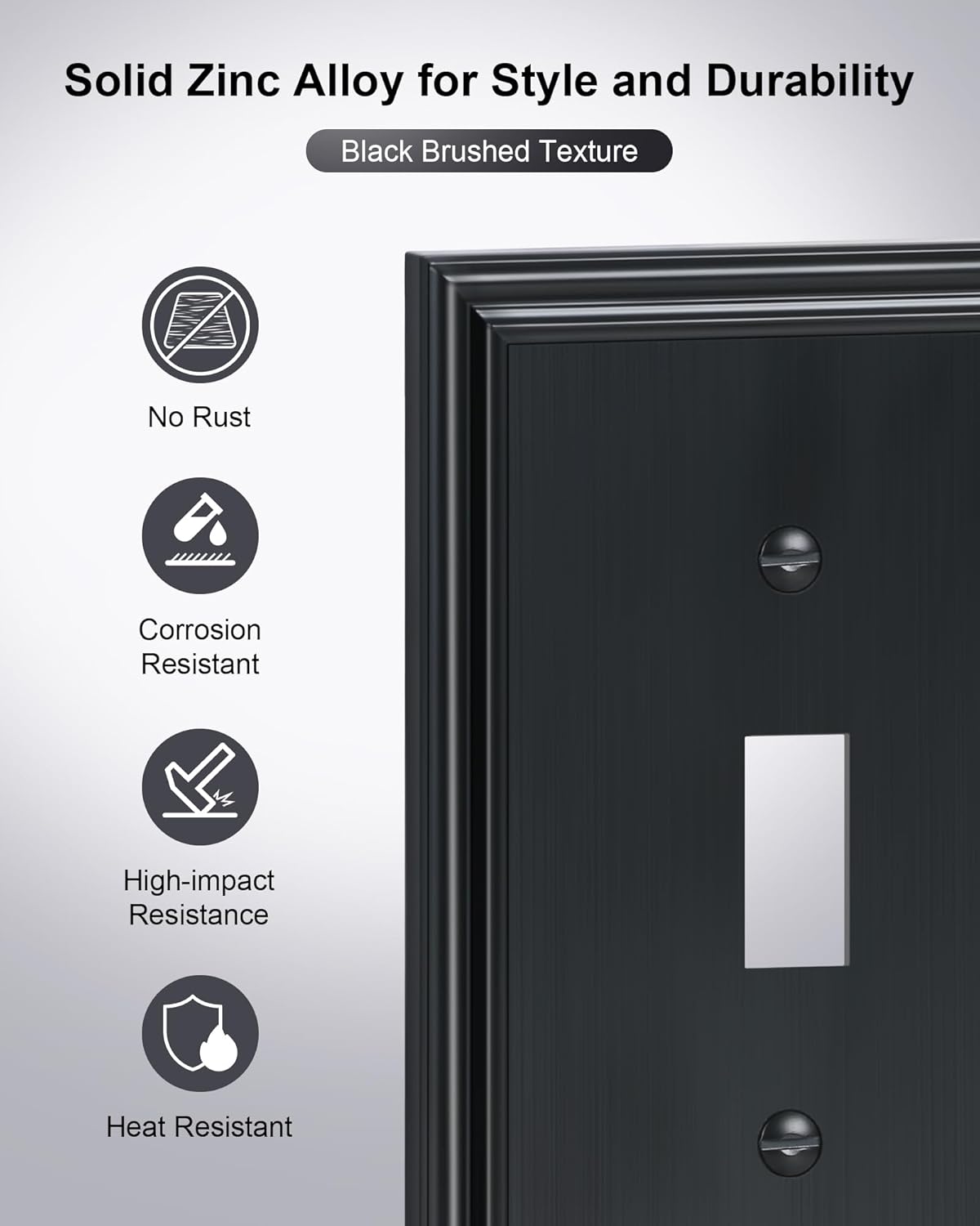 2-Pack Quad Toggle Light Switch Cover Plate, Durable Zinc Alloy Decorative Switch Plate Covers, Black 4 Gang Wall Plate for Toggle Light Switch and Rotary Dimmer Switch