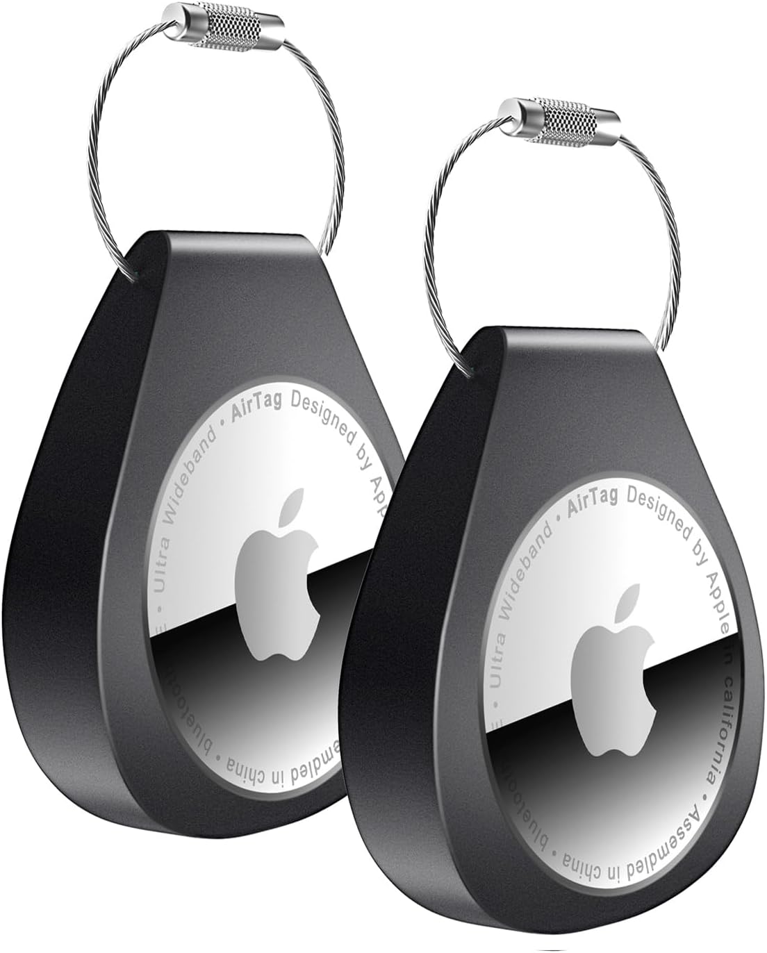 2 Pack AirTag Holders with Keychain - Secure Airtag Lock Case with Wire Cable Compatible with Apple AirTags for Keys, Luggage, Dog Collar, Backpack & More (Black)