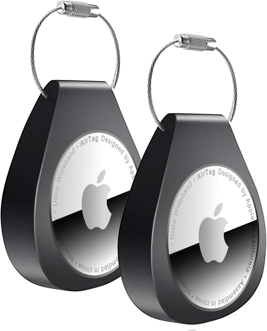 2 Pack AirTag Holders with Keychain - Secure Airtag Lock Case with Wire Cable Compatible with Apple AirTags for Keys, Luggage, Dog Collar, Backpack & More (Black)