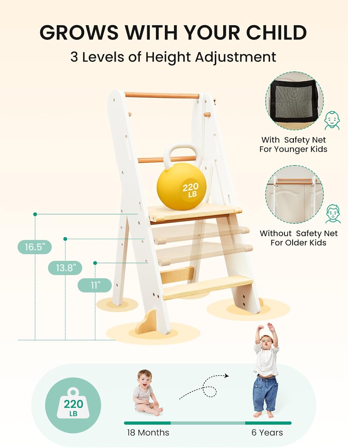 GROWNSY Foldable Toddler Tower, Toddler Kitchen Standing Helper, Kids Learning Tower with 3 Adjustable Heights and Safety Net for Kitchen Bathroom Sink Counter (White)