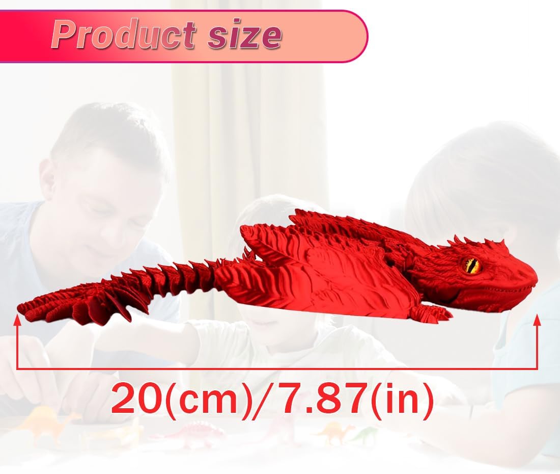 3D Printed Dragon with Wings 3D Printed Animals Articulated Dragon Fidget Dragon 3D Printed Toys Dragon Toy Desk Pets Home Office Decor (Red)