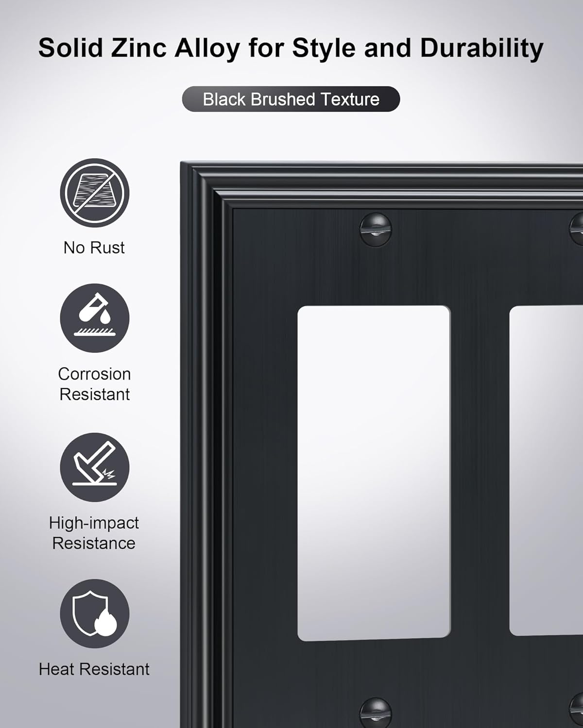 2-Pack Quad Decorator Outlet Cover Plate, Zinc Alloy Decorative Black Switch Plates and Outlet Covers, 4 Gang Wall Plates for Electrical Outlets, Receptacle, GFCI Outlet, Dimmer Switch